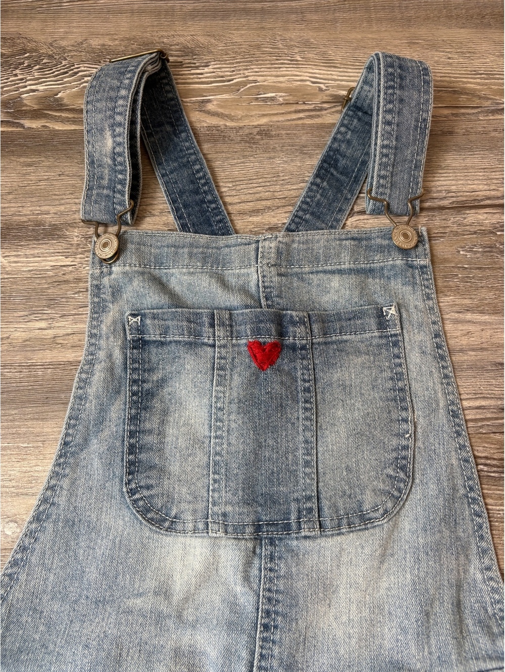 WallFlower Denim Overalls Size Large – Light Wash Red Heart Detail